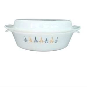 Fire King  Vintage Candle Glow Starburst White Blue Casserole Dish With Lid